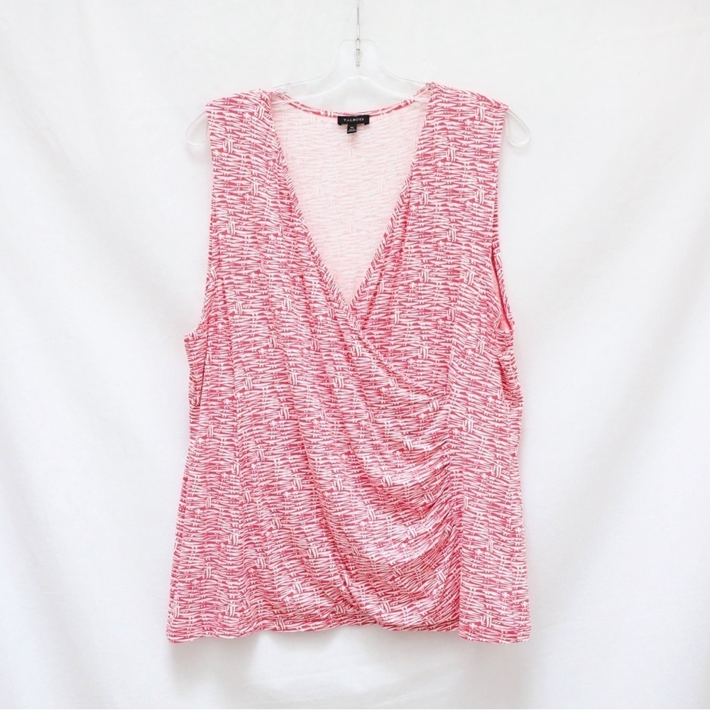 Talbots faux wrap sleeveless top XL red white abstract print soft stretch lounge